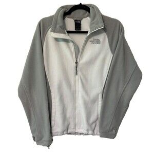 The North Face Womens Jacket Medium White Gray Khumbu Fleece Full Zip Heavy Logo